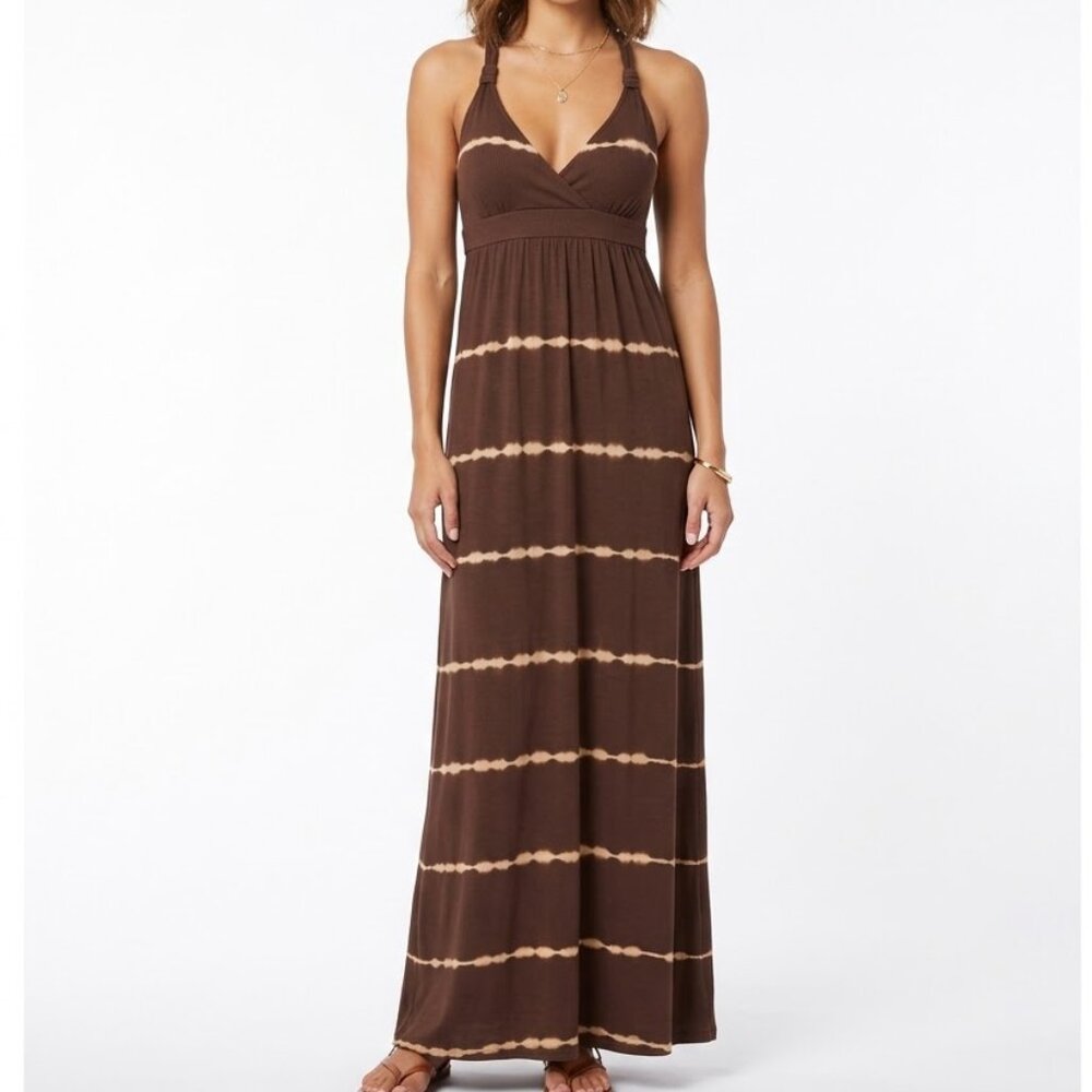 Mudd Vintage Y2K Boho Brown Striped Maxi Dress Braided Straps O-Ring Detail M